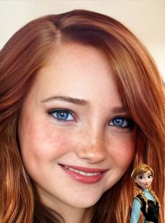 a close up of a person with red hair and blue eyes smiling at the camera