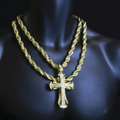 - 10mm Width And 20” Length, 10mm And 24" - Real 14k Gold Plated, Hollow Pendant - High Quality Will Not Tarnish! Long Lasting! - Comes With 2 Chains + Pendant - Unisex Mens Gold Chain Necklace, Gold Necklace For Men, Diamond Cross Necklace Gold, Diamond Cross Necklaces, Gold Chains For Men, Gold Rope Chains, Cross Chain, Mens Accessories Jewelry, Hip Hop Jewelry