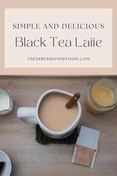 simple and delicious black tea latte recipe on a wooden table with two cups of coffee