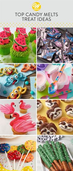 the top candy melts treats are displayed on plates and cupcakes with colorful frosting