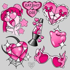 some pink and black tattoos on a gray background with hearts, flowers, and other items