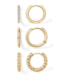 PRICES MAY VARY. Elevate your style with our dainty earrings set. It includes three pairs of mini gold hoops featuring a 15mm outer diameter premium AAAAA cubic zirconia hoop, a 16mm outer diameter plain hoop, and a 17.8mm outer diameter rope hoop, each showcasing an exquisite, trendy look. Our small huggies are not just eye-catching but also comfortable and lightweight, making them perfect for daily wear. These earrings are crafted with s925 sterling silver posts and plated in 18k yellow gold to ensure a long lasting finish, that is 100% nickel free, and hypoallergenic. OUR SATISFACTION PROMISE: Your happiness is our number one priority. If you're not loving your product, let us know within 60 days so we can make it right! To get in touch, email or chat with us - a member of our team will Mini Gold Hoops, Everyday Earrings Simple, Earrings Pack, Amazon Jewelry, Multiple Earrings, Small Gold Hoops, Mini Gold, Mini Hoop Earrings, Small Hoop Earrings