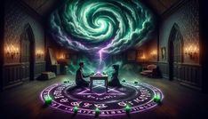 two people sitting at a table in front of a spiral design on the floor with green and purple lights