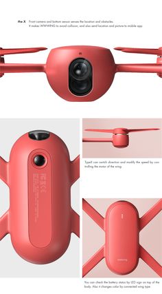 an image of the front and back view of a red flying object with its camera attached