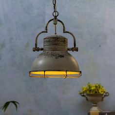 an old fashioned light hanging from a chain with a potted plant in the background