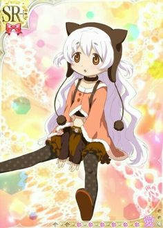 an anime character with long white hair and cat ears