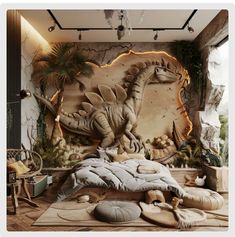 an image of a bedroom with dinosaurs on the wall and in the background is a bed