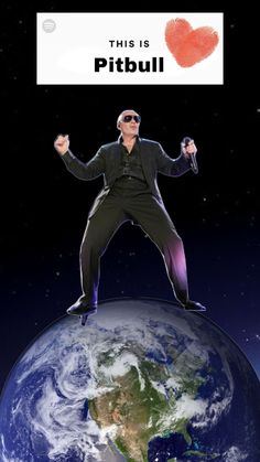 the man is standing on top of the earth with his arms out and hands in the air