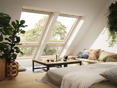 a bedroom with three large windows and a bed in the corner next to a coffee table