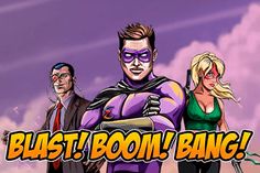 the title for blast boom bang is shown in front of an image of two men and a woman