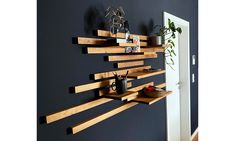 a wall mounted shelf with wooden shelves on it's sides and plants in the middle