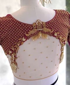 Gergotte Saree Blouse Design, Red Saree Blouse Color Combinations, Handwork Blouse, Backless Blouse Designs