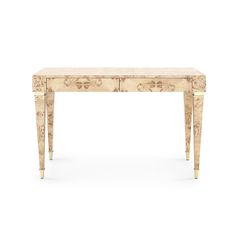 Lewis Burl Desk Closeup Desk In Office, Brushed Brass Hardware, White Stool, Wood Writing Desk, Art Of Nature, Console Desk, Burl Wood, Modern Transitional, Gilded Age