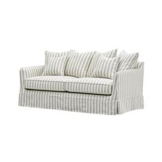 a white and grey striped couch with pillows on it's back end, against a white background