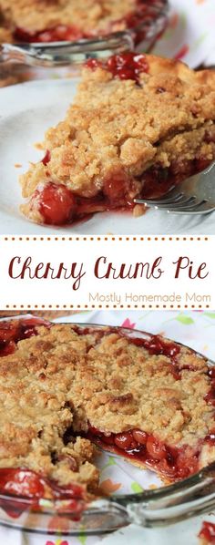 cherry crumb pie on a plate with a fork