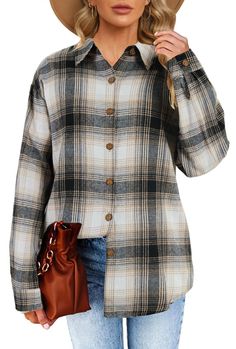 PRICES MAY VARY. 100% Cotton Button closure Material: The flannel plaid shirts is made of skin-friendly material, soft, breathable and comfortable to wear. Cozy and Stylish. Feature: flannel shaket, plaid shirts, rolled up long sleeve, v neck, lapel collar, bust pocket, front button, loose fit, oversized button down shirts for women. Match: This plain shirt jacket can be match be matched with various styles of clothes, such as shorts, skirts, jeans, skinny leggings, boots, high heels. Or it can be wear as a shacket outerwear in spring and fall. it make you fashion and chic. Occasion: This flannel plaid button shirt is great for casual indoor or out door wear, work, office, school, home, daily wear, vacation, travel, beach, date, party, club, night out. Package: 1 pc oversized button down s Brown Winter Flannel Shirt With Button Closure, Affordable Women's Flannel Shirt With Button Closure, Plaid Flannel Shirt With Button Closure, Cheap Relaxed Fit Button-up Flannel Shirt, Leggings Boots, Boots High Heels, Oversized Button Down Shirt, Beach Date, Skirts Jeans