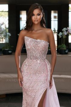 Bmbridal Strapless Pink Mermaid Evening Dress With Beadings Split | BmBridal Evening Style, Mermaid Evening Dress, Pink Evening Dress, Prom Dresses Long Mermaid, Sequin Prom Dress, Evening Dress Fashion, Mermaid Evening Dresses, Mermaid Fashion, Mermaid Prom Dresses