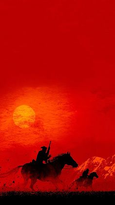 two men riding horses in front of a red sky