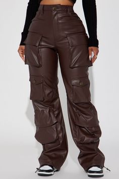 City Is Mine Faux Leather Cargo Pant - Chocolate | Fashion Nova, Pants | Fashion Nova Brown Cargo Pant, Leather Cargo Pants, Brown Cargo Pants, Chocolate Fashion, Fashion Nova Pants, Cute Comfy Outfits, Cargo Pant, Jumpsuit Fashion, Shoes With Jeans