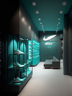 the inside of a nike store with green lighting and shoes on display in glass cases