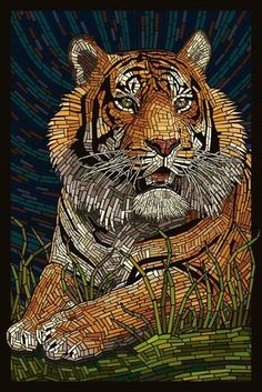 a painting of a tiger sitting in the grass