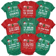 six christmas shirts with words on them