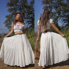 Boho maxi skirt with elastic waist and lined. 100% soft natural cotton. One size fit most figure. Color Off White. Measurements: Measurements: Skirt. Waist 24 up to 41 inches. Length 37 inches. Hip up to 45 inches ( measure inside the lining) Measurements: TOP Bust up to 37 inches. Waist 18 stretch up to 38 inches. Length 14 inches. Sleeve length 6 inches from the shoulder. CARE: Machine wash cold.Machine wash cold. These dresses are made from Raw Cotton- In the process of making these dresses t White Bohemian Maxi Skirt For Festival, White Bohemian Flowy Maxi Skirt, White Flowy Bohemian Maxi Skirt, White Bohemian Tiered Maxi Skirt, Bohemian Flowy Floor-length Maxi Skirt, Circle Maxi Skirt, Festival Maxi Skirt, Summer Maxi Skirt, Skirt 2 Piece Set