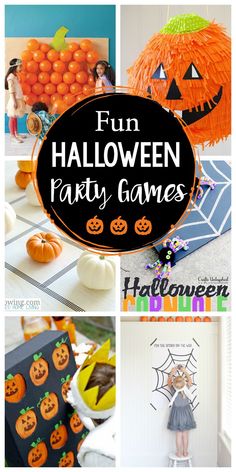 halloween party games for kids and adults with pumpkins, spider web, jack - o'- lantern