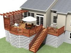 a 3d rendering of a house with deck and pergolated walls, stairs to the second floor