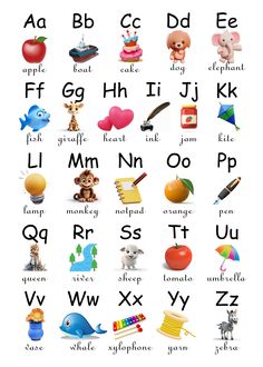 an english alphabet with pictures of animals, letters and numbers on it's sides