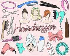 the word hairdresser surrounded by different types of hair care products and accessories on a white background