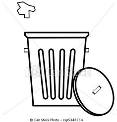 a trash can with the lid open and a round object next to it on a white background