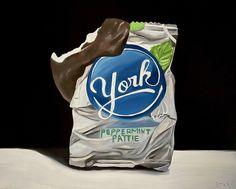 a painting of a bag of york peppermint pattie on a white surface