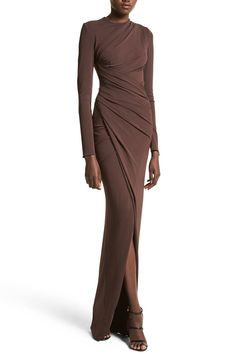 Michael Kors ruched long sleeve gown in chocolate. 95% Viscose 5% Elastane Dry Clean Made in Italy Outfits Classy, Sleeve Gown, Long Sleeve Gown, Khaki Dress, Daily Dress, Kochi, الرسومات اللطيفة, Classy Dress, Fancy Dresses