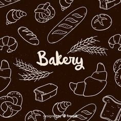 hand drawn bakery items on a black background with the word bakey written in white