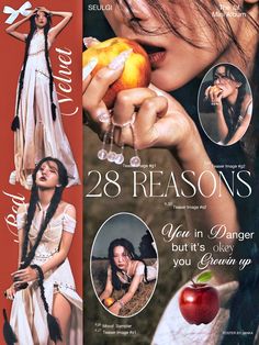 an advertisement for the magazine 28 reasones featuring a woman in white dress holding an apple