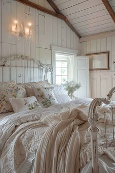 a white bed sitting under a window next to a wooden floor covered in pillows and blankets