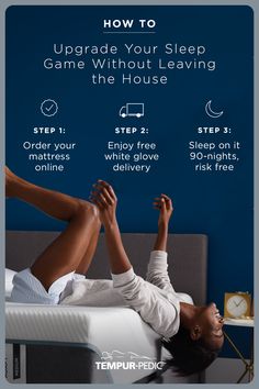 a woman laying on top of a bed with the text how to upgrade your sleep game without leaving the house