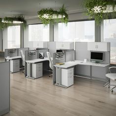 an office cubicle with desks, chairs and plants hanging from the ceiling