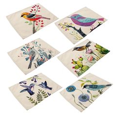 six napkins with birds and flowers on them