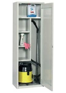 an open storage cabinet with a vacuum and cleaning supplies