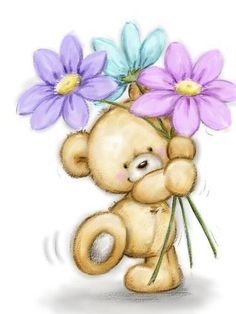 a drawing of a teddy bear with flowers in its mouth, holding it's back