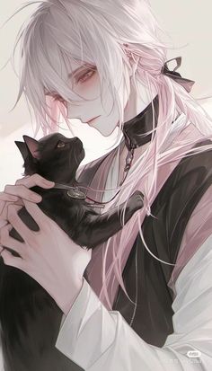 an anime character holding a black cat in his arms and looking at the camera with white hair