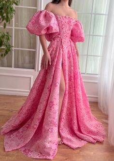 Flowing Dress, Romantic Clothes, Pink Gown, Aesthetic Dresses Formal, Rose Gown, Puffy Dresses, Best Wedding Guest Dresses, Off Shoulder Gown, Brocade Dresses