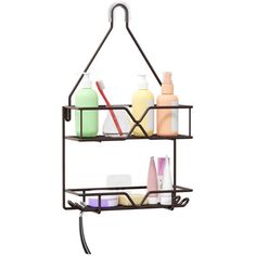 two tiered metal shelf with bottles and soaps on the bottom, one holding a hairdryer