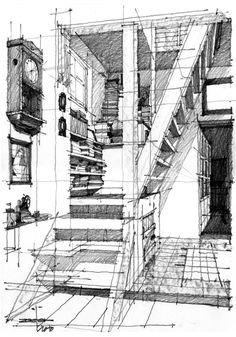 an architectural drawing of a staircase and clock