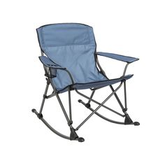 a blue folding lawn chair with wheels on the bottom and back, in front of a white background