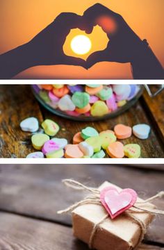 two pictures with hearts in the shape of hands and small boxes filled with candies