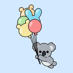 a koala bear holding balloons in the air