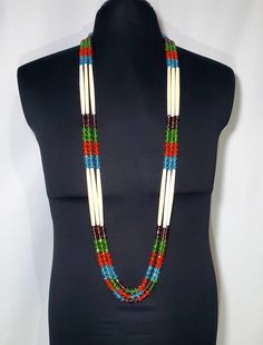 "Glass Fire Polish Beads Genuine Bone Hairpipe 3 strands 52\" in length" Hair Pipe Bone Necklace, Beaded Phone Case, Bone Jewellery, Glass Bead Necklaces, Bone Bead Necklace, Beautiful Beaded Earring, Bone Necklace, Native Beadwork, Bone Jewelry